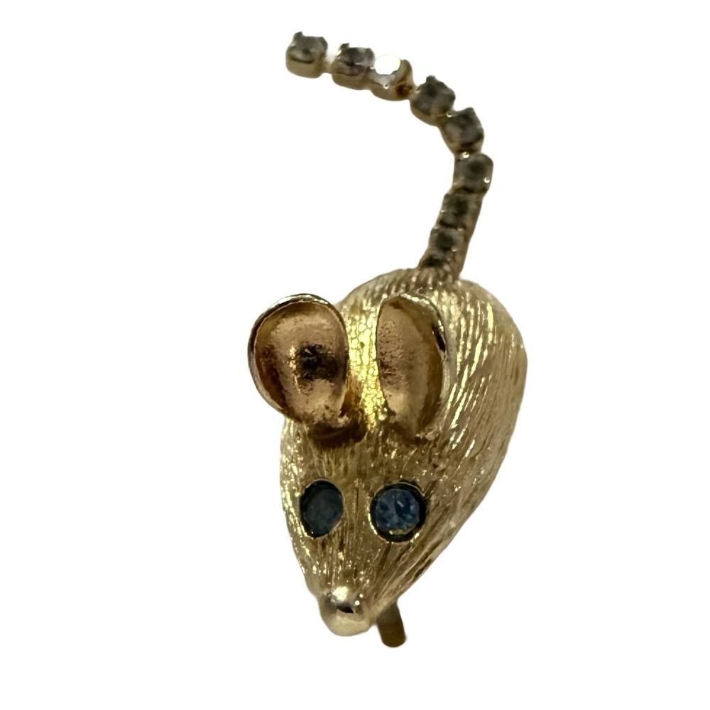 Avon Signed Vintage Midas Mouse Rhinestone Lapel Tac Pin Gold Tone 1974
